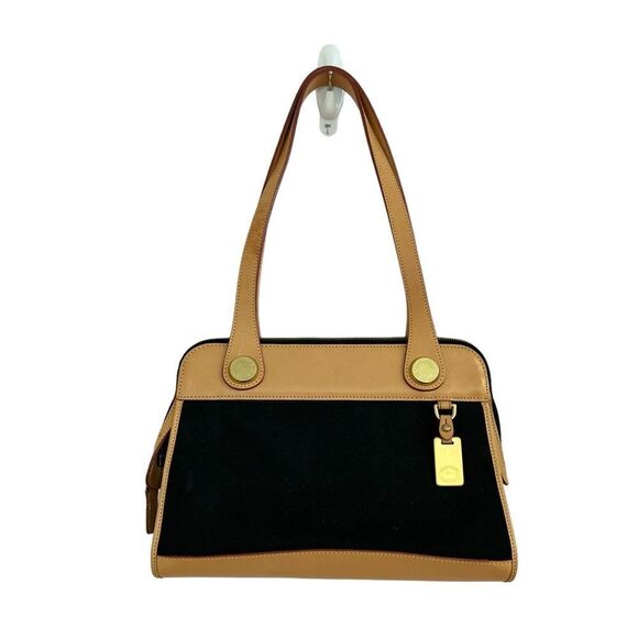 Dooney & Bourke Handbags - Vintage Dooney & Bourke Black Canvas & Naked Tan Leather East West Carpet Bag